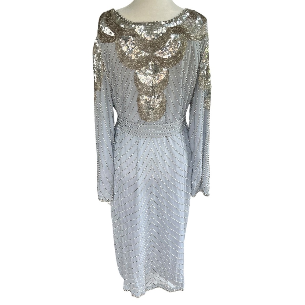 Vintage 🩶 SHO MAX - 3X Silver Silk Beaded Dress India Sequin Caftan Evening Gown - Picture 2 of 14